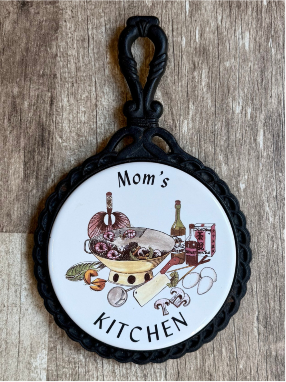 Vintage Cast Iron Ceramic Tile Trivet Mom’s Kitchen Wok Asian Cooking Wall Hangi
